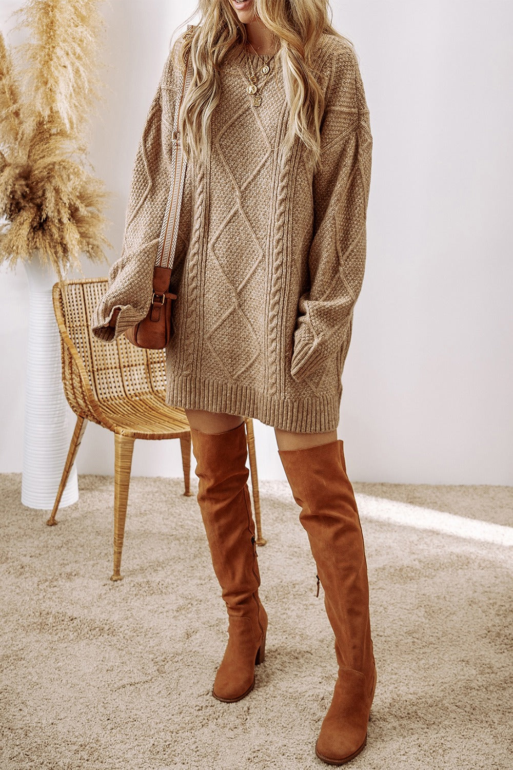 Cable-Knit Round Neck Sweater Dress Women&