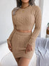 Cable-Knit Round Neck Top and Skirt Sweater Set Khaki S Sweater by Trendsi | Fleurcouture