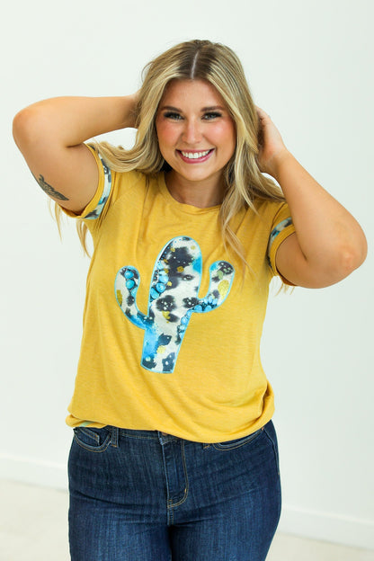 Cactus and Turquoise on Mustard Tee with Cowprint Yellow S Wanderer Rotation by Southern Grace | Fleurcouture