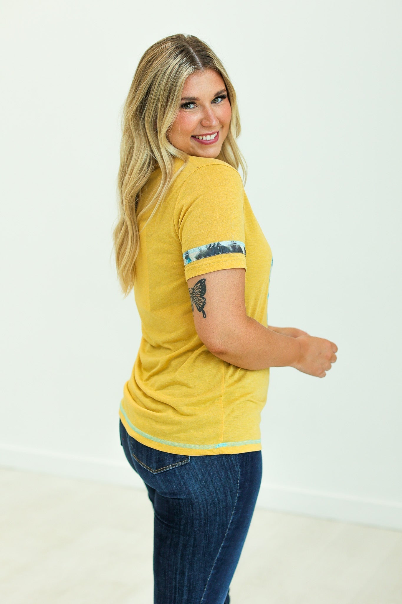 Cactus and Turquoise on Mustard Tee with Cowprint Yellow Wanderer Rotation by Southern Grace | Fleurcouture