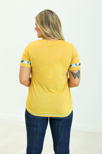 Cactus and Turquoise on Mustard Tee with Cowprint Yellow Wanderer Rotation by Southern Grace | Fleurcouture