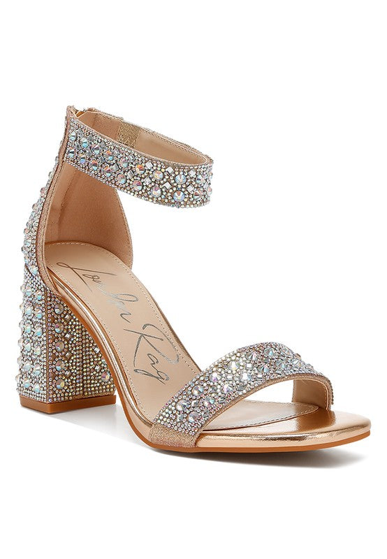 Cady Rhinestones And Sequins Block Sandals Rose Gold US-5 / UK-3 / EU-36 by Rag Company | Fleurcouture