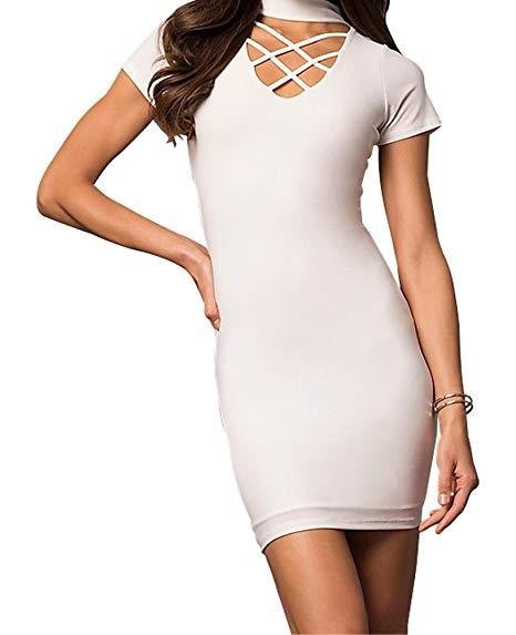 CAGE FRONT SHORT SLEEVE PARTY DRESS WITH CHOKER White S by Cheryl Creations | Fleurcouture