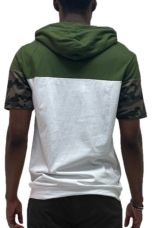 Camo and Solid Design Block Hooded Shirt Men&