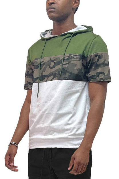 Camo and Solid Design Block Hooded Shirt Men&