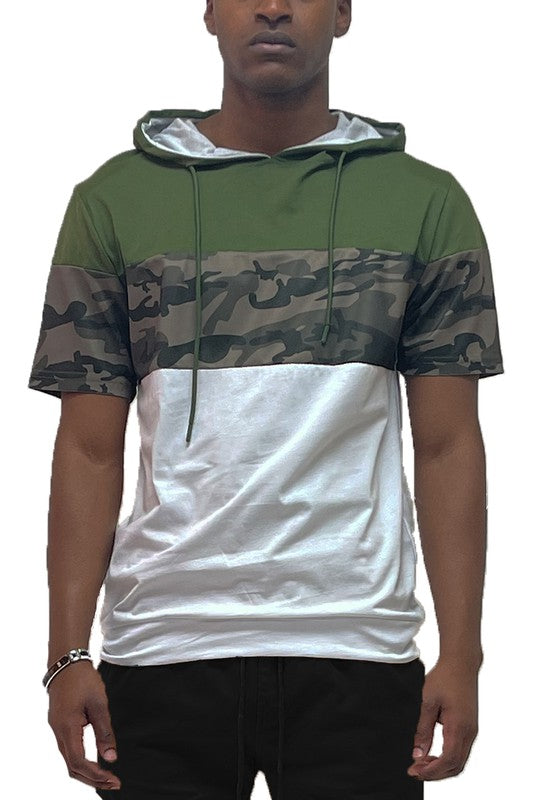 Camo and Solid Design Block Hooded Shirt OLIVE S Men&