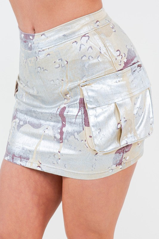 Cargo Camo Foil Skirt Silver by GJG Denim | Fleurcouture