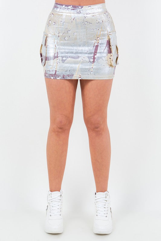 Cargo Camo Foil Skirt Silver s by GJG Denim | Fleurcouture