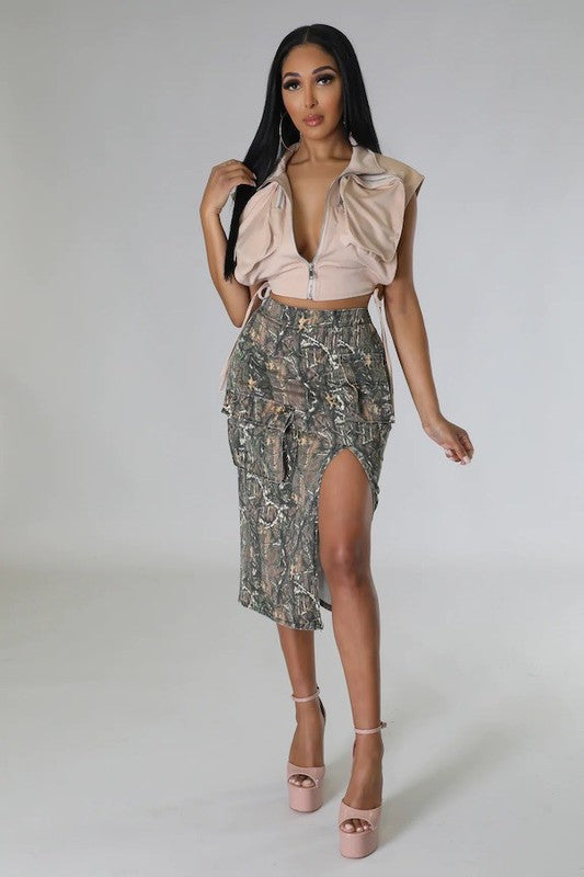 Cargo Midi Skirt in Woodland Camo Camouflage by GJG Denim | Fleurcouture