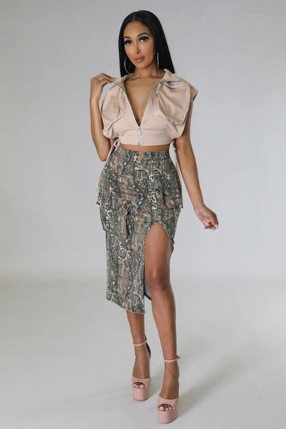 Cargo Midi Skirt in Woodland Camo Camouflage S by GJG Denim | Fleurcouture