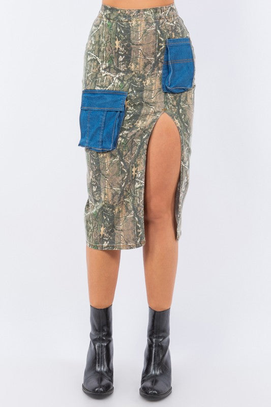 Cargo Skirt with contrast pockets in Woodland Camo Camouflage by GJG Denim | Fleurcouture