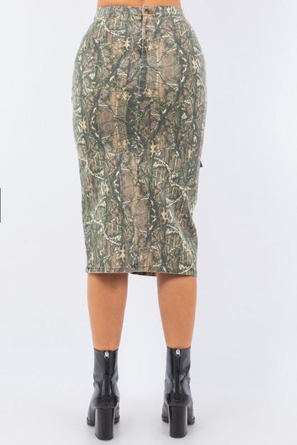 Cargo Skirt with contrast pockets in Woodland Camo Camouflage by GJG Denim | Fleurcouture