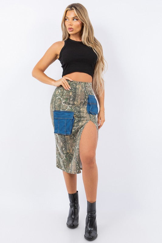 Cargo Skirt with contrast pockets in Woodland Camo Camouflage S by GJG Denim | Fleurcouture