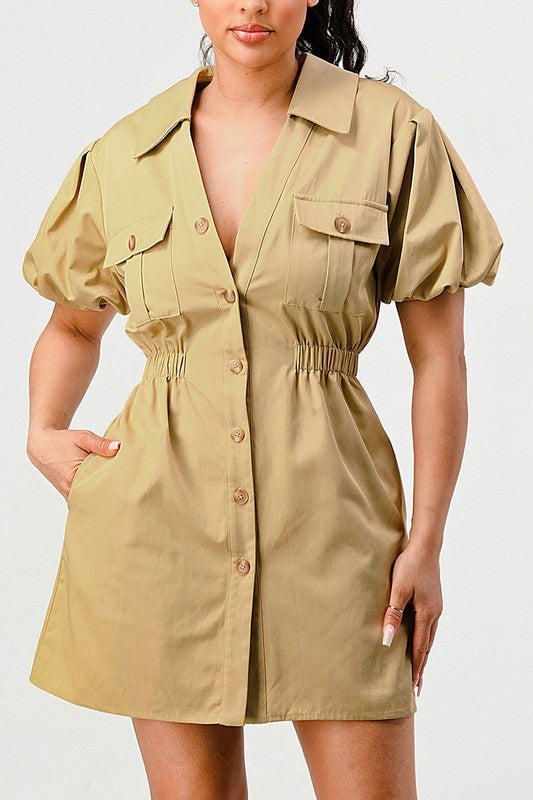 Casual but trendy safari mini dress BEIGE S by Athina | Fleurcouture