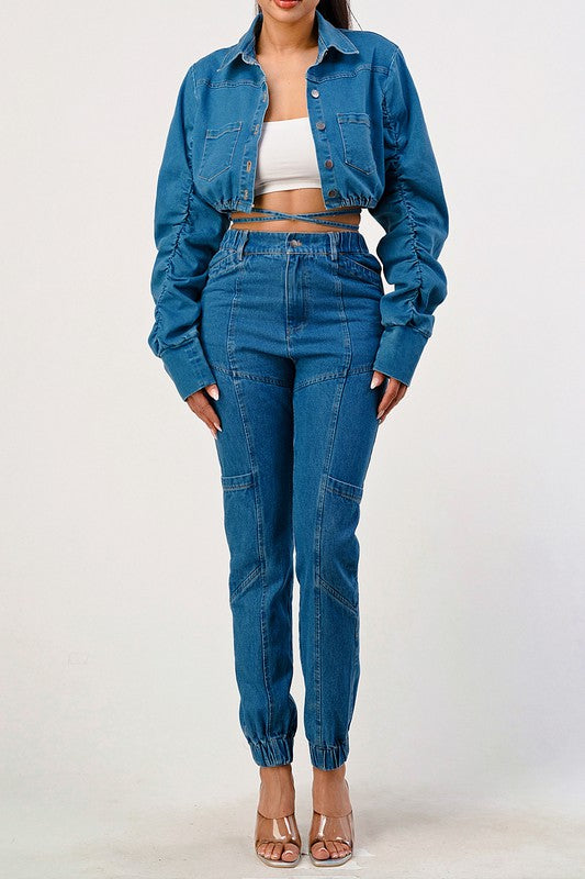 CASUAL CROPPED LONG SLEEVE DENIM JACKET Denim Blue by Athina | Fleurcouture