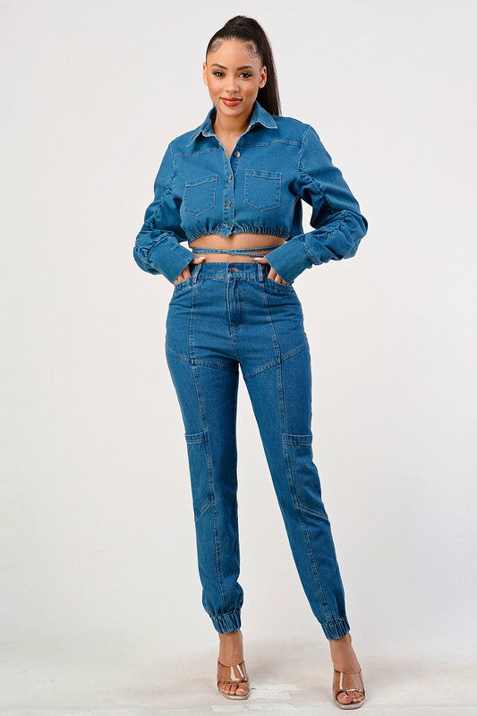 CASUAL CROPPED LONG SLEEVE DENIM JACKET Denim Blue by Athina | Fleurcouture