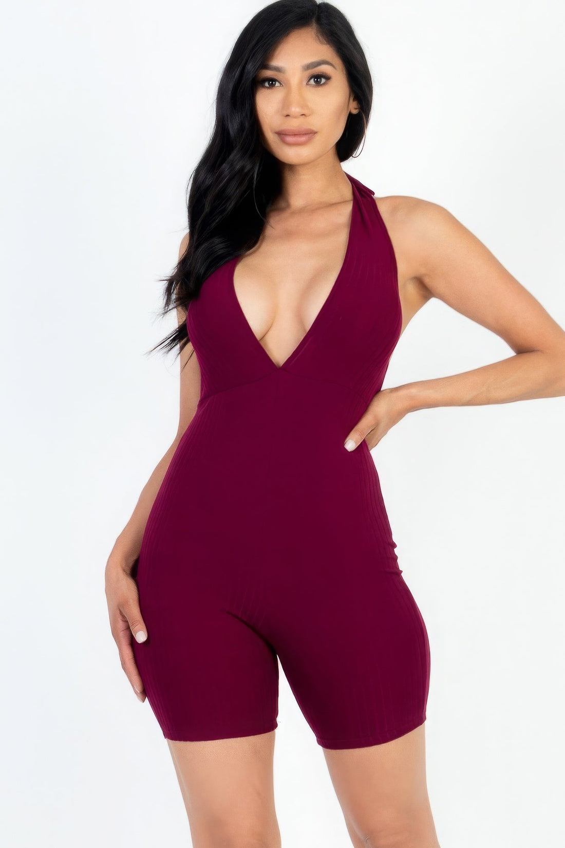 Casual Solid Halter V Neck Ribbed Bodycon Romper by Fleurcouture | Fleurcouture