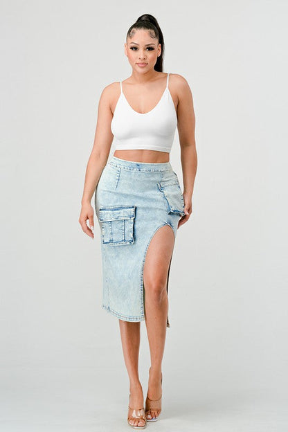 CASUAL WASHED DENIM SKIRT DENIM by Athina | Fleurcouture