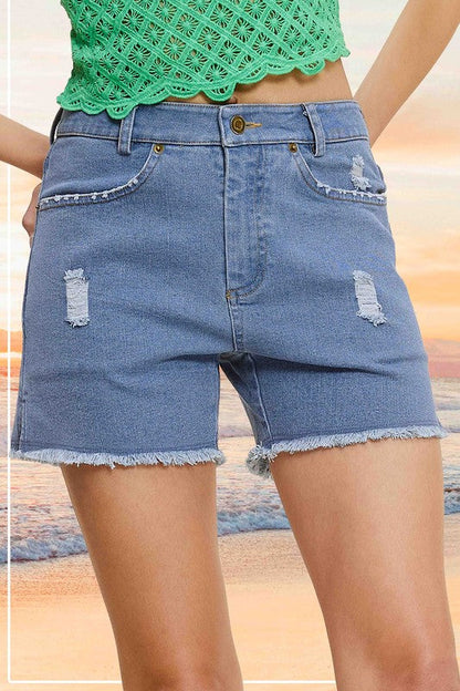 CASUAL WASHED STYLE DENIM SHORTS WITH POCKETS by La Miel | Fleurcouture