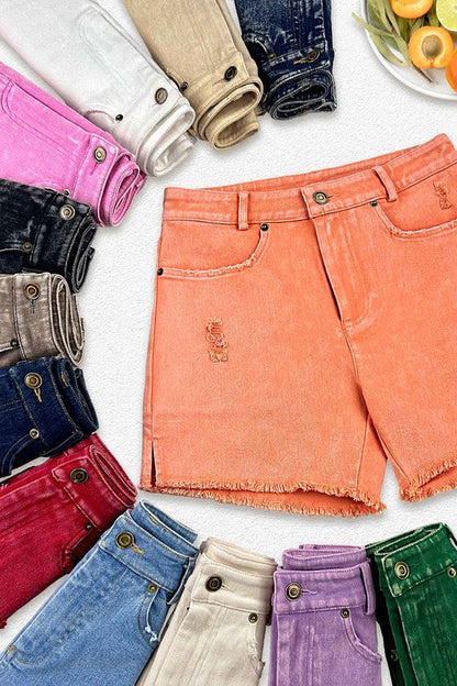 CASUAL WASHED STYLE DENIM SHORTS WITH POCKETS by La Miel | Fleurcouture