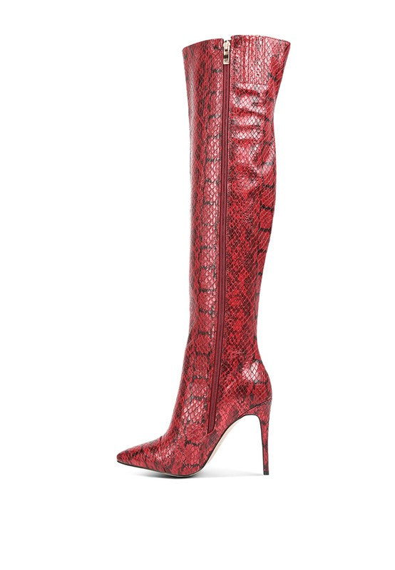 Catalina Snake Print Stiletto Knee Boots by Rag Company | Fleurcouture