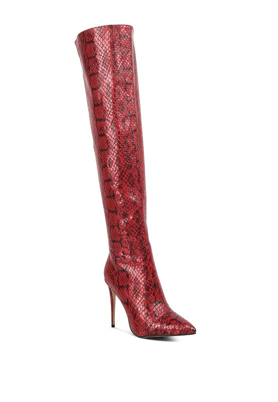 Catalina Snake Print Stiletto Knee Boots Red 5 by Rag Company | Fleurcouture