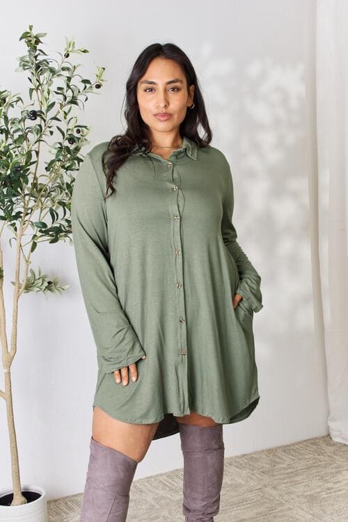 Celeste Full Size Button Down Shirt Dress Dusty Olive S by Trendsi | Fleurcouture