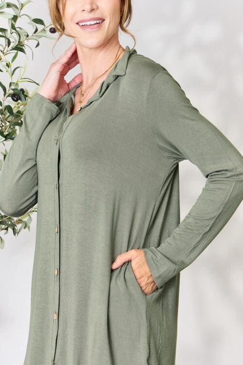 Celeste Full Size Button Down Shirt Dress Dusty Olive by Trendsi | Fleurcouture