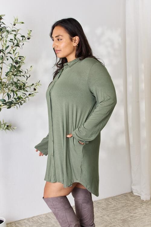 Celeste Full Size Button Down Shirt Dress Dusty Olive by Trendsi | Fleurcouture