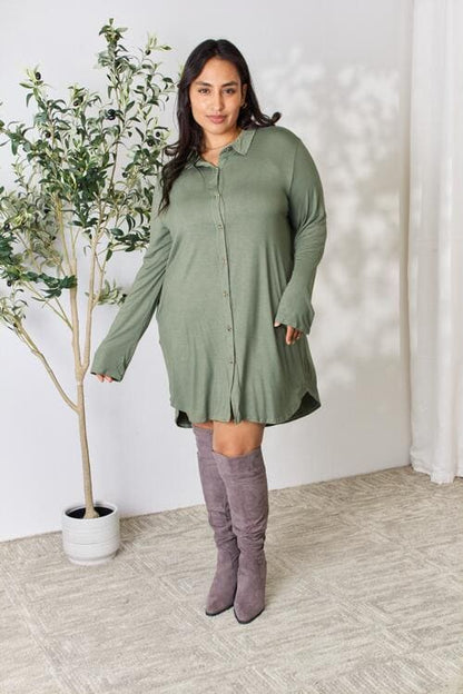 Celeste Full Size Button Down Shirt Dress Dusty Olive by Trendsi | Fleurcouture