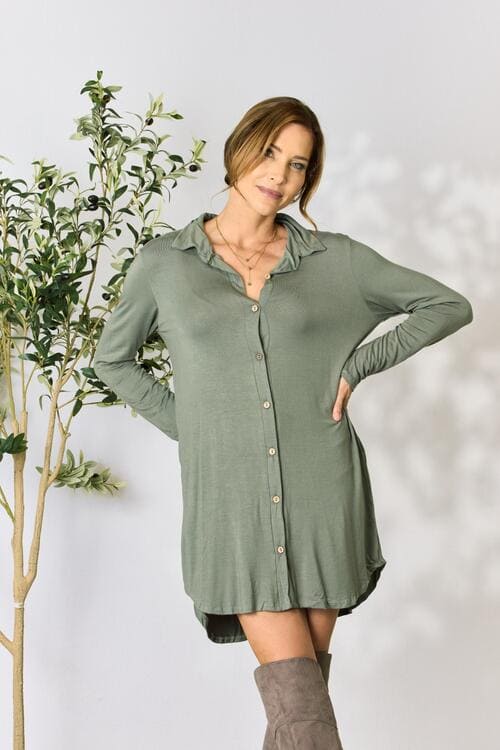 Celeste Full Size Button Down Shirt Dress Dusty Olive by Trendsi | Fleurcouture