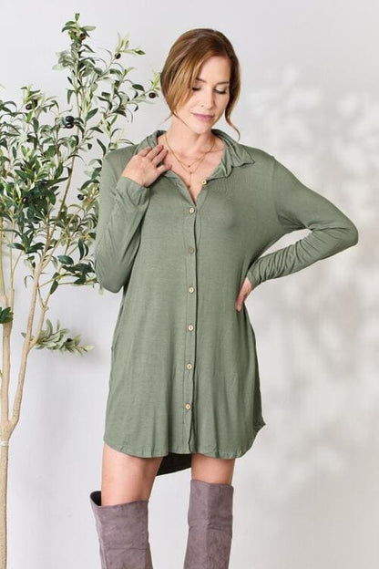 Celeste Full Size Button Down Shirt Dress Dusty Olive by Trendsi | Fleurcouture