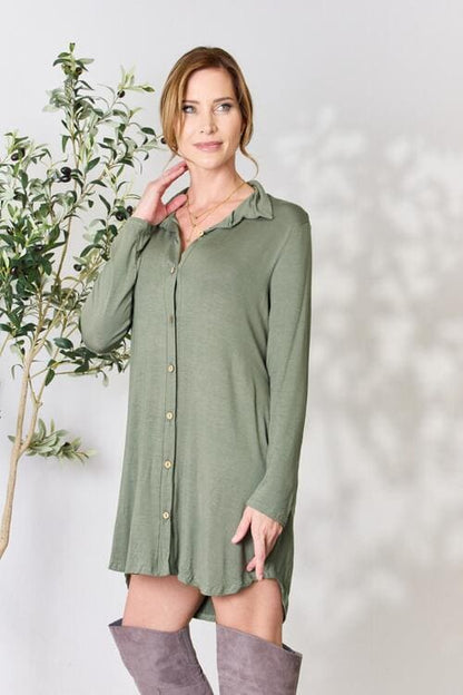 Celeste Full Size Button Down Shirt Dress Dusty Olive by Trendsi | Fleurcouture