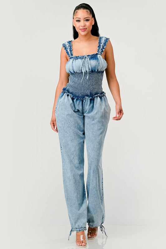 Chambray Charm Ruffled Jumpsuit DENIM by Athina | Fleurcouture