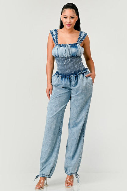 Chambray Charm Ruffled Jumpsuit DENIM by Athina | Fleurcouture