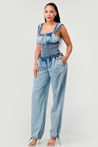 Chambray Charm Ruffled Jumpsuit DENIM by Athina | Fleurcouture