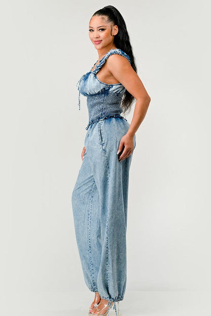 Chambray Charm Ruffled Jumpsuit DENIM by Athina | Fleurcouture