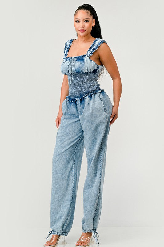 Chambray Charm Ruffled Jumpsuit DENIM by Athina | Fleurcouture