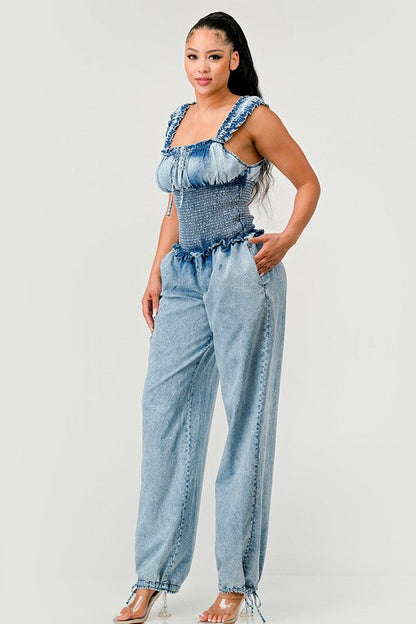 Chambray Charm Ruffled Jumpsuit DENIM by Athina | Fleurcouture