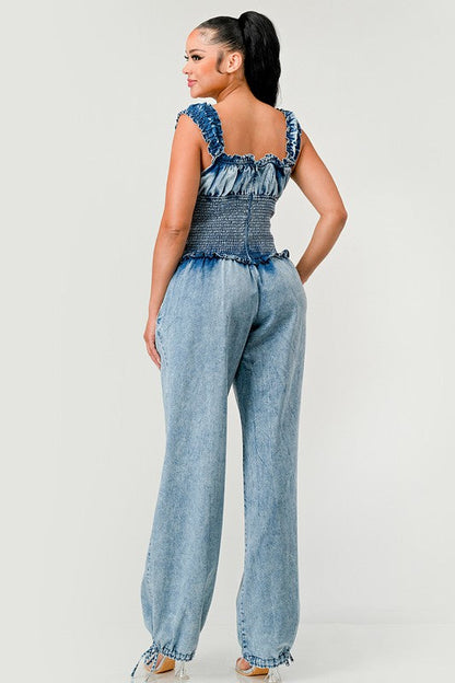 Chambray Charm Ruffled Jumpsuit DENIM by Athina | Fleurcouture