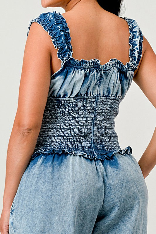 Chambray Charm Ruffled Jumpsuit DENIM by Athina | Fleurcouture