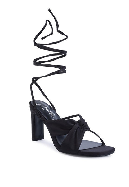 CHASM RUCHED SATIN TIE UP BLOCK HEELED SANDALS Black 5 by Rag Company | Fleurcouture