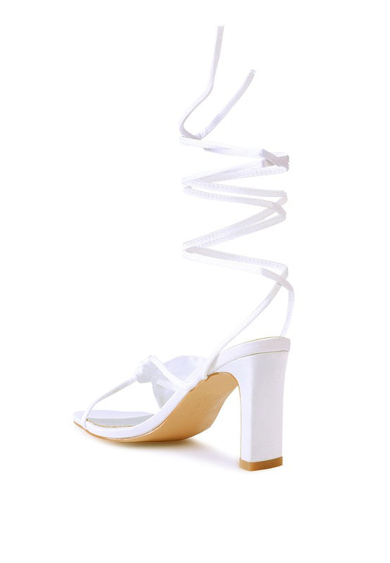 CHASM RUCHED SATIN TIE UP BLOCK HEELED SANDALS by Rag Company | Fleurcouture