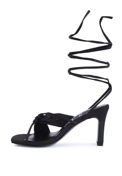 CHASM RUCHED SATIN TIE UP BLOCK HEELED SANDALS by Rag Company | Fleurcouture