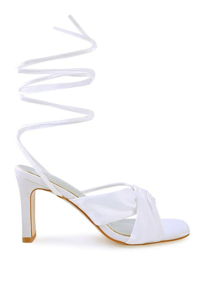 CHASM RUCHED SATIN TIE UP BLOCK HEELED SANDALS by Rag Company | Fleurcouture