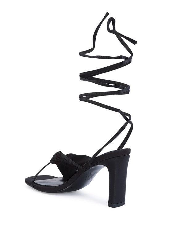 CHASM RUCHED SATIN TIE UP BLOCK HEELED SANDALS by Rag Company | Fleurcouture