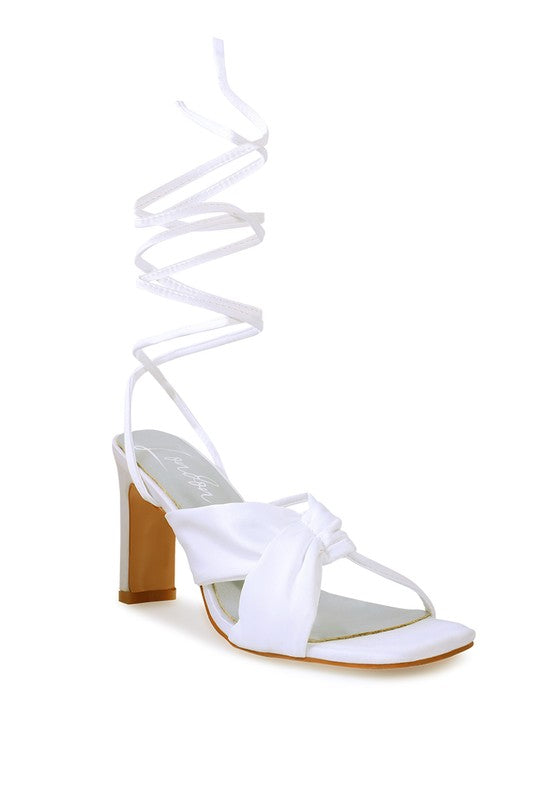 CHASM RUCHED SATIN TIE UP BLOCK HEELED SANDALS White 5 by Rag Company | Fleurcouture