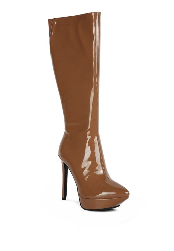 CHATTON Patent Stiletto High Heeled Calf Boots Tan 8 by Rag Company | Fleurcouture