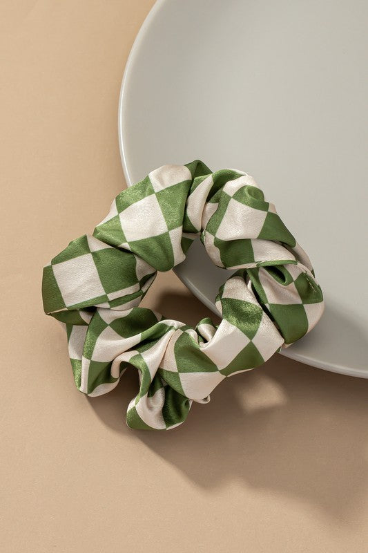 Check Pattern Soft Satin Hair Scrunchies Green one size by LA3accessories | Fleurcouture