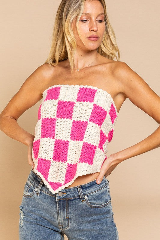 Checkerboard Pattern Tube Top Sweater CREAM/PINK M by POL | Fleurcouture